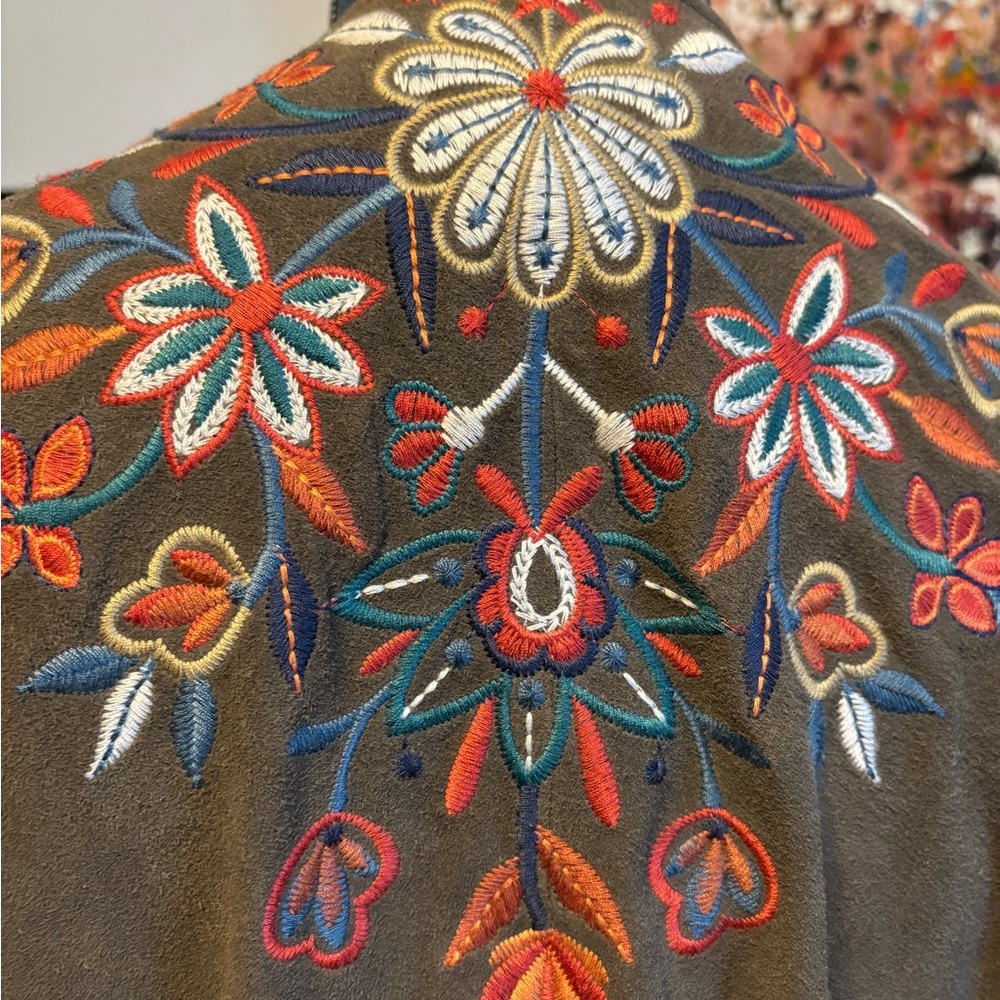 Johnny Was Suede Embroidered Boho Duster